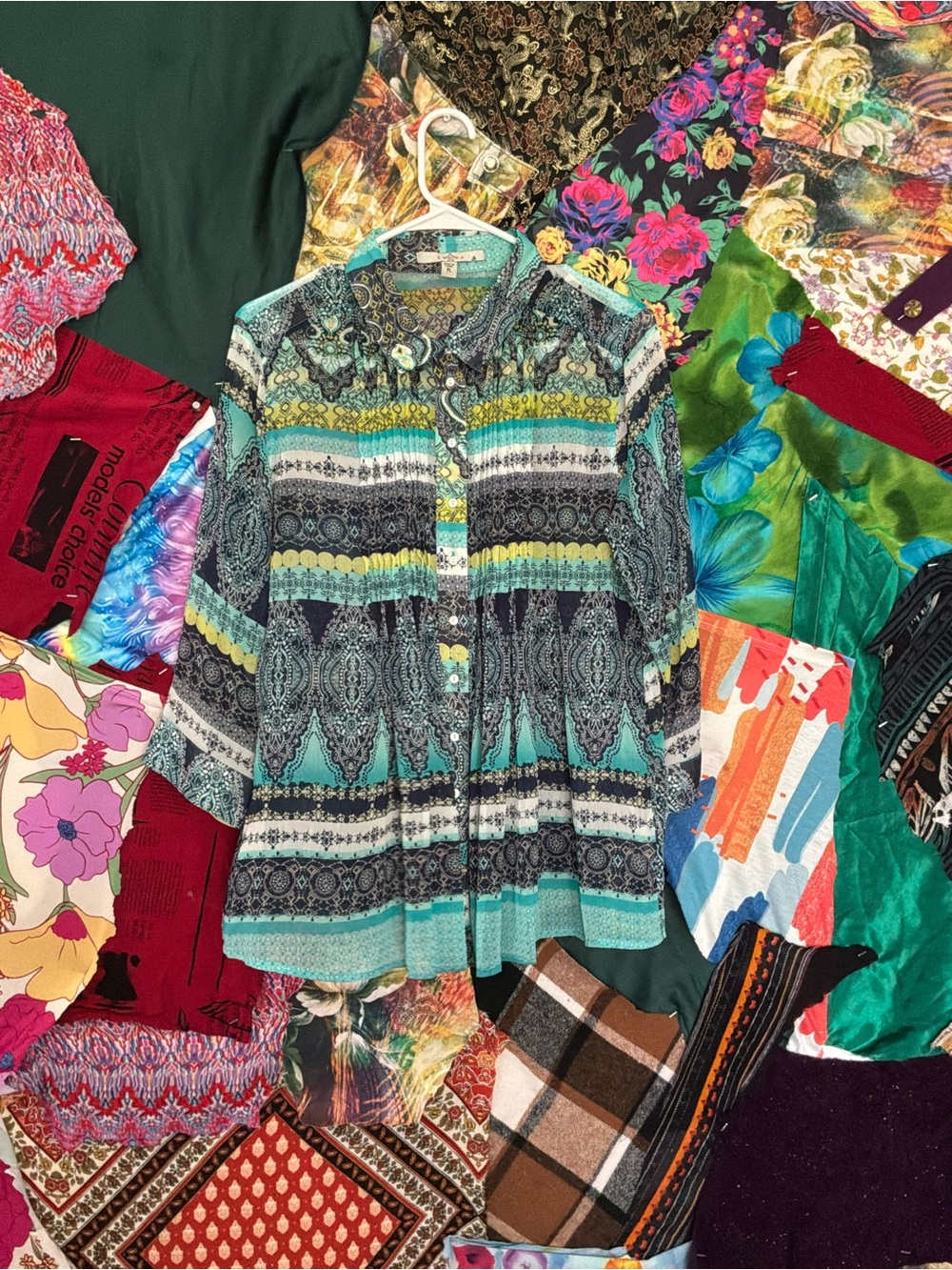 Y2K boho Teal and Black Paisley Button-Up Tunic